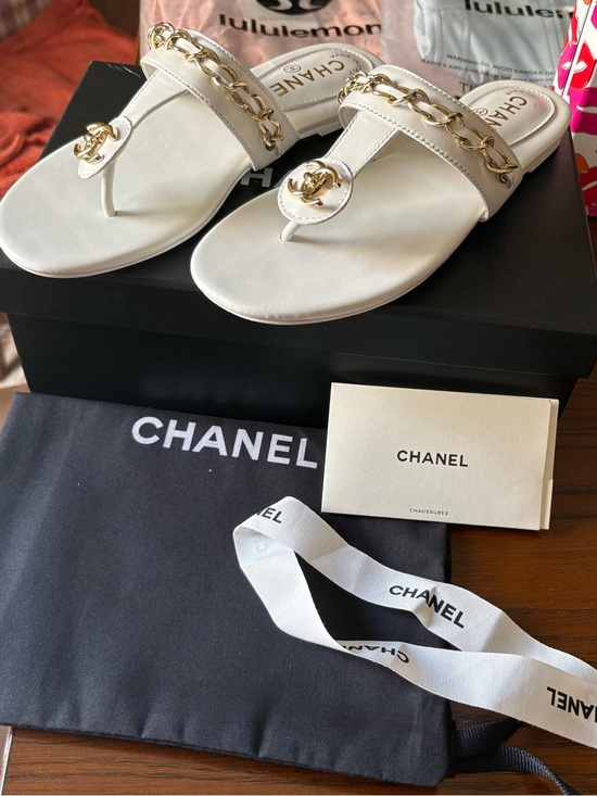 CHANEL Shoes - CHANEL White Leather Thong Sandals with Gold Chain & CC Medallion